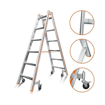 Стремянка алюминиевая двусторонняя Комфорт-Профи 208 (8 ступеней) роллер